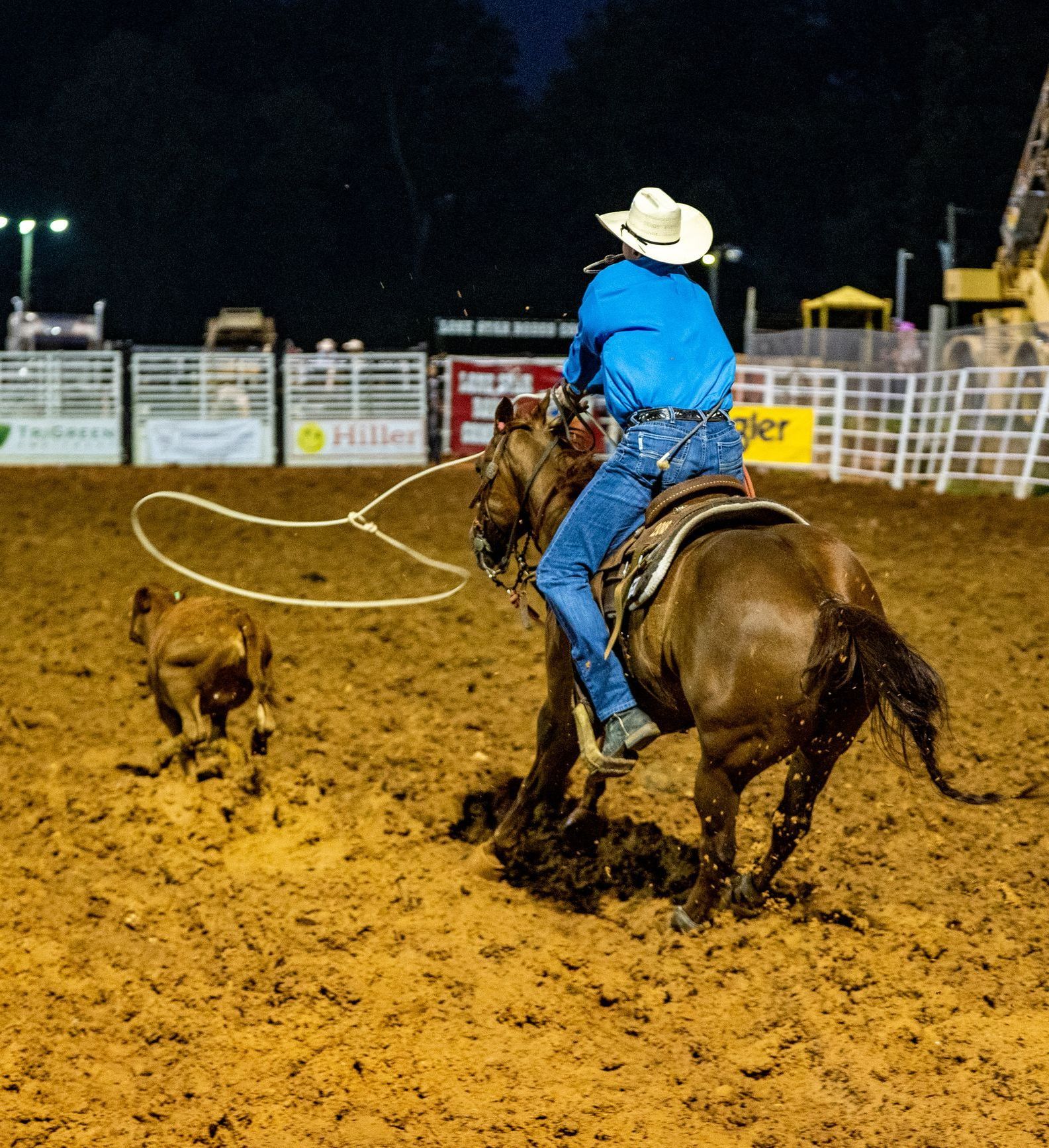 A cowboy is riding a horse in a rodeo arena