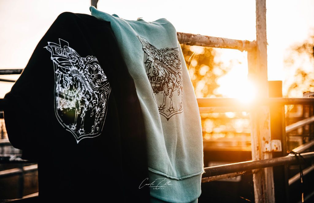 Two shirts are hanging on a fence at sunset.