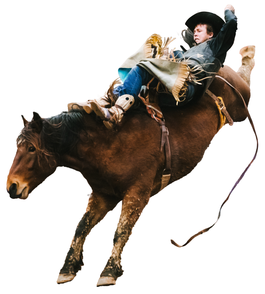 A young boy is riding a brown horse on a white background