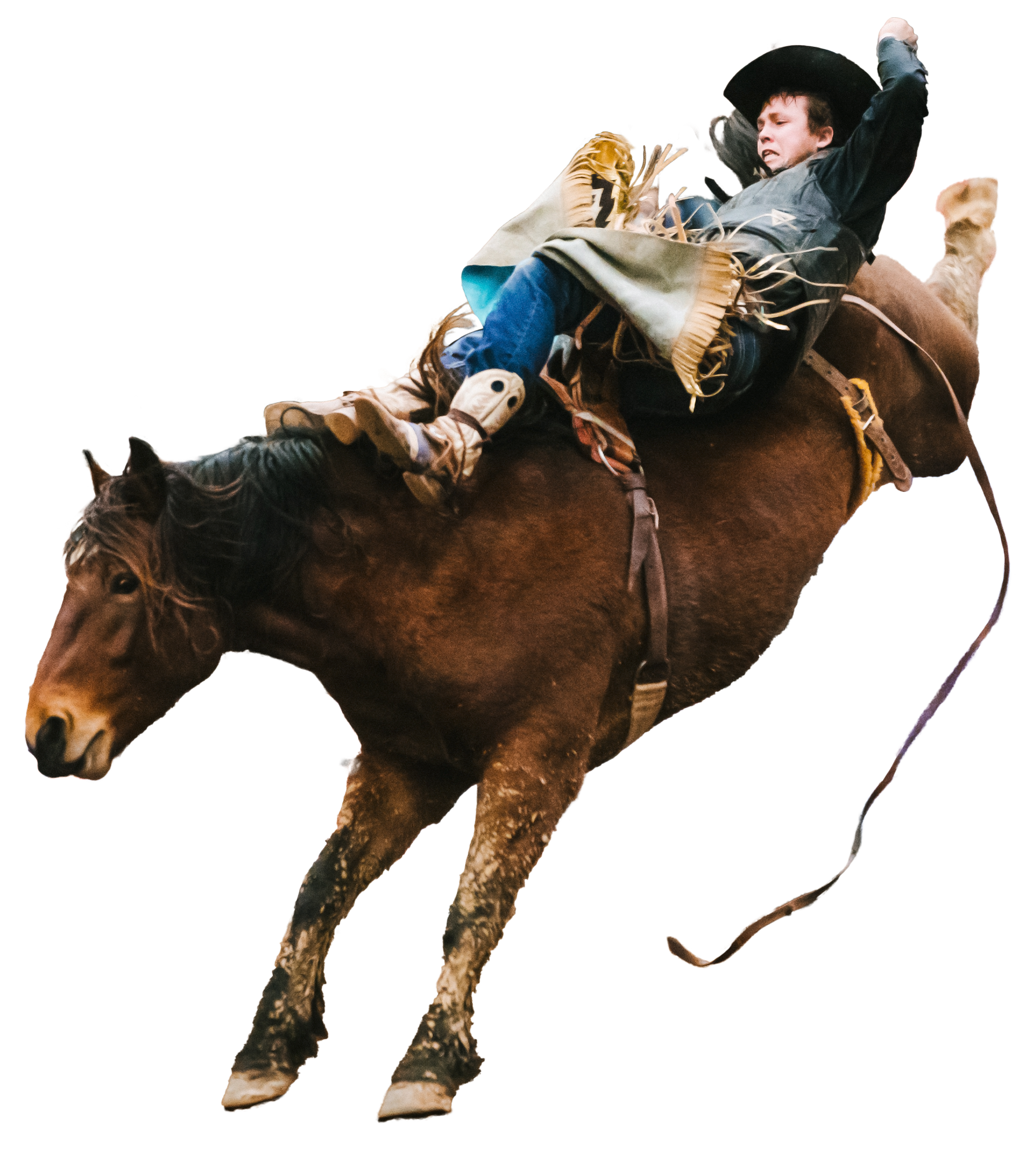 A young boy is riding a brown horse on a white background