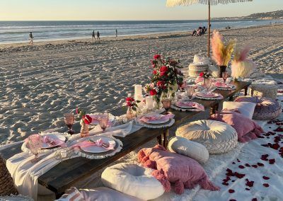 A pink luxury picnic set up at the beach - A Posh Unicorn Luxury Picnic in San Diego