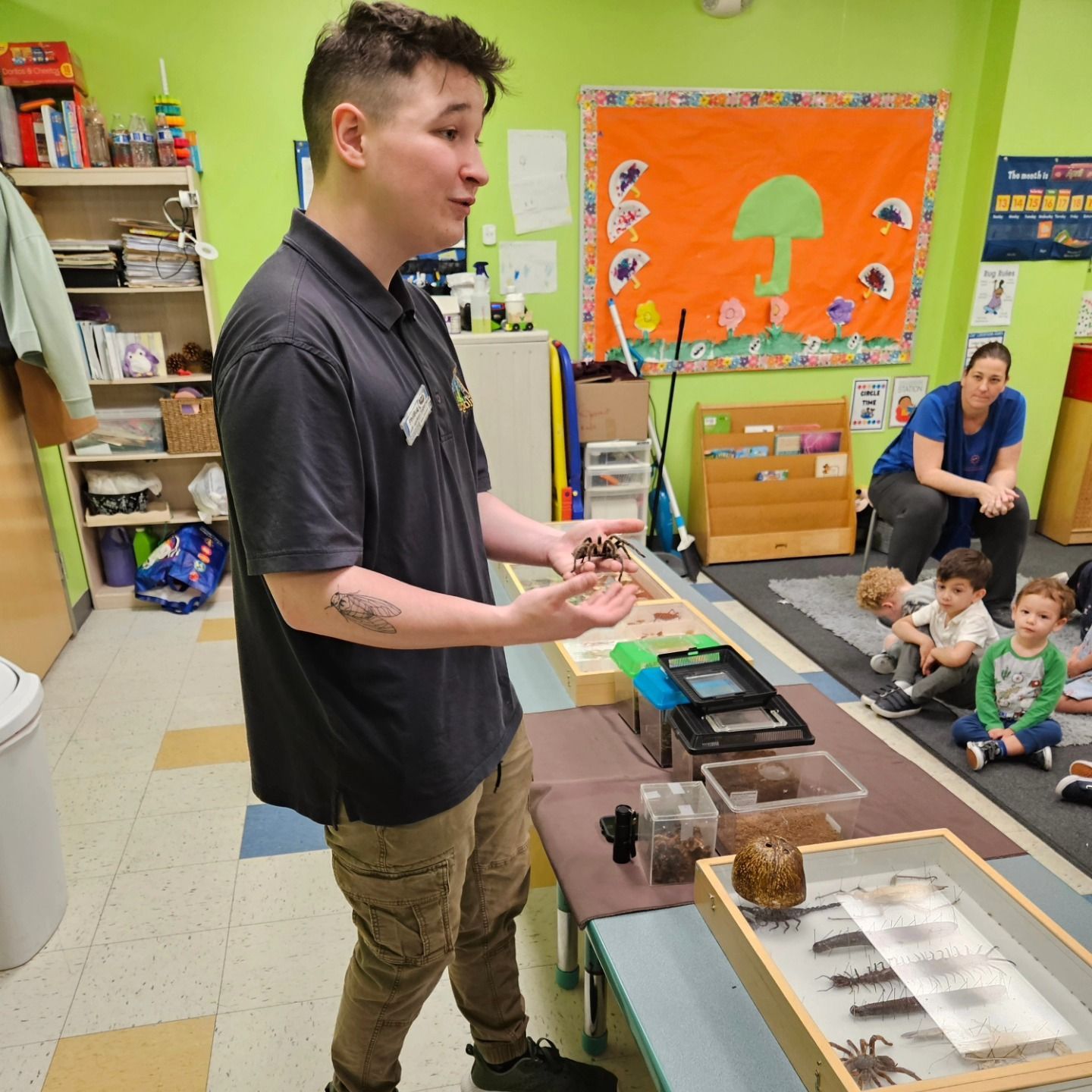 A person presenting a tarantula to children in a brightly colored classroom with displays of insects on a table.