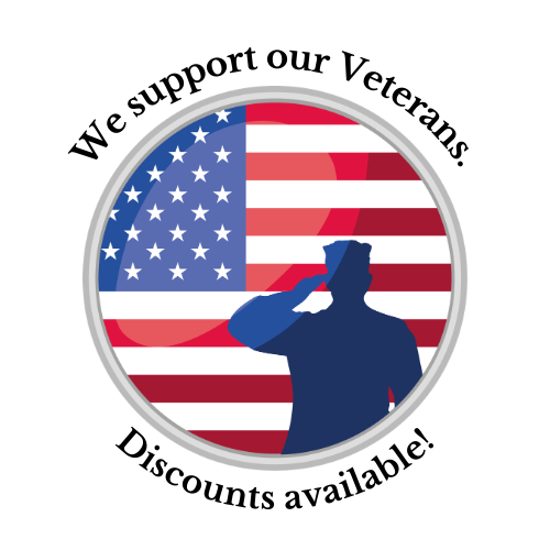 Circle graphic with American flag in the center and soldier silhouette saulting with text 'We Support Our Veterans. Discounts Available'