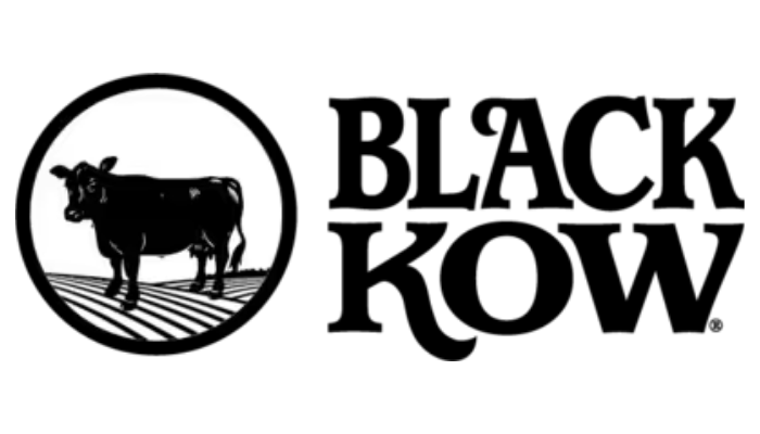 Black Kow logo: cow silhouette in a circle, standing on a field. Text 