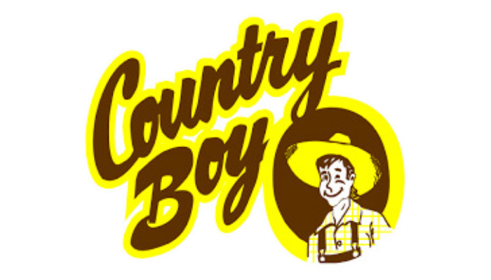 Country Boy logo with brown text on yellow outline, a cartoon man in a yellow hat.