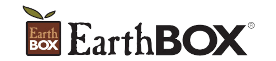 Logo for EarthBox with a brown box, two green leaves, and the brand name.