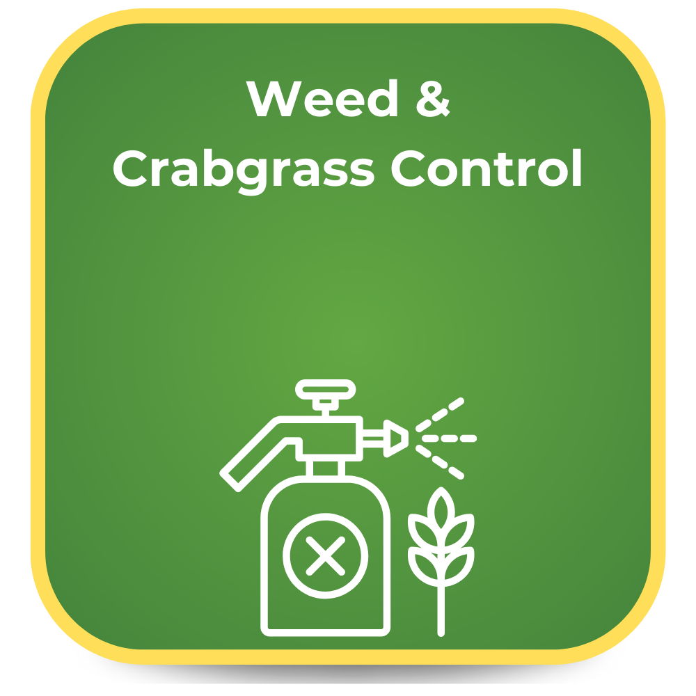 Green sign: Weed & Crabgrass Control; sprayer icon, spraying a weed.