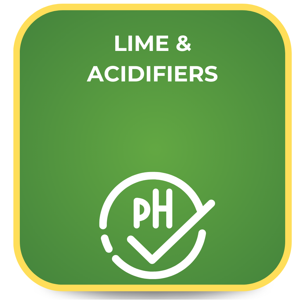 Green square with lime and acidifiers text and a PH checkmark illustration.