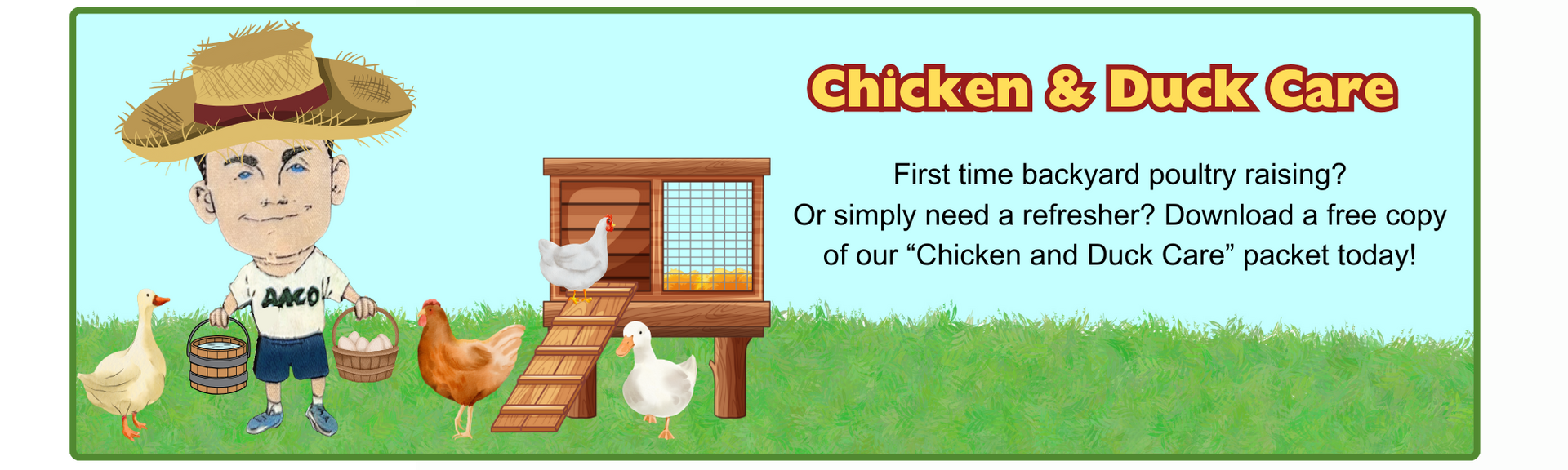 Owner Core as a cartoon farmer with ducks, chickens, and coop; text says “Chicken & Duck Care.”
