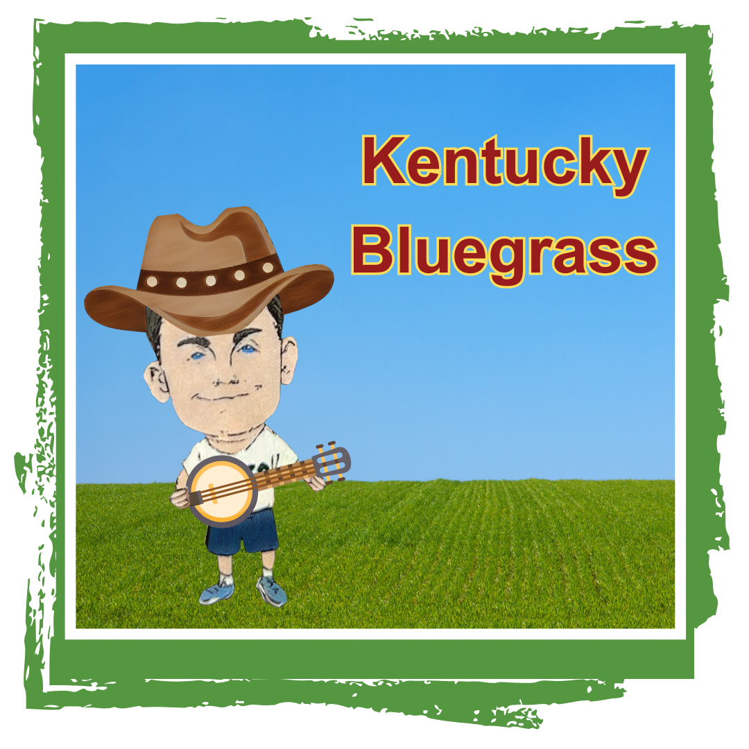 Owner cory caricature holding a banjo and wearing cowboy hat with kentucky bluegrass text