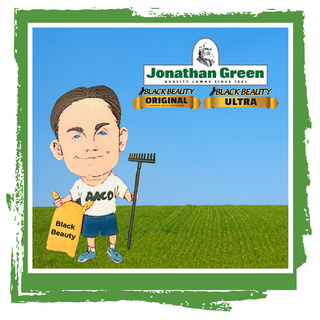 Owner cory caricature holding a rake and grass seed. Black beauty logo
