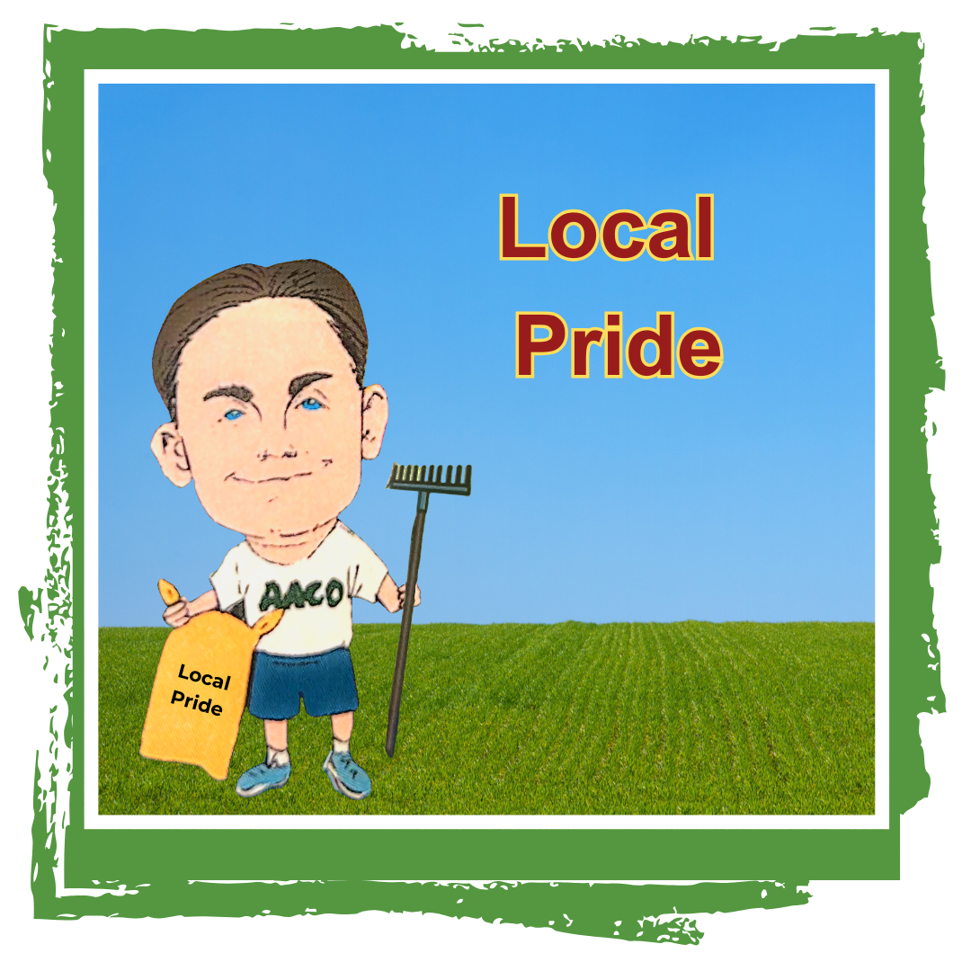 Owner cory caricature holding rake and grass seed with local pride text