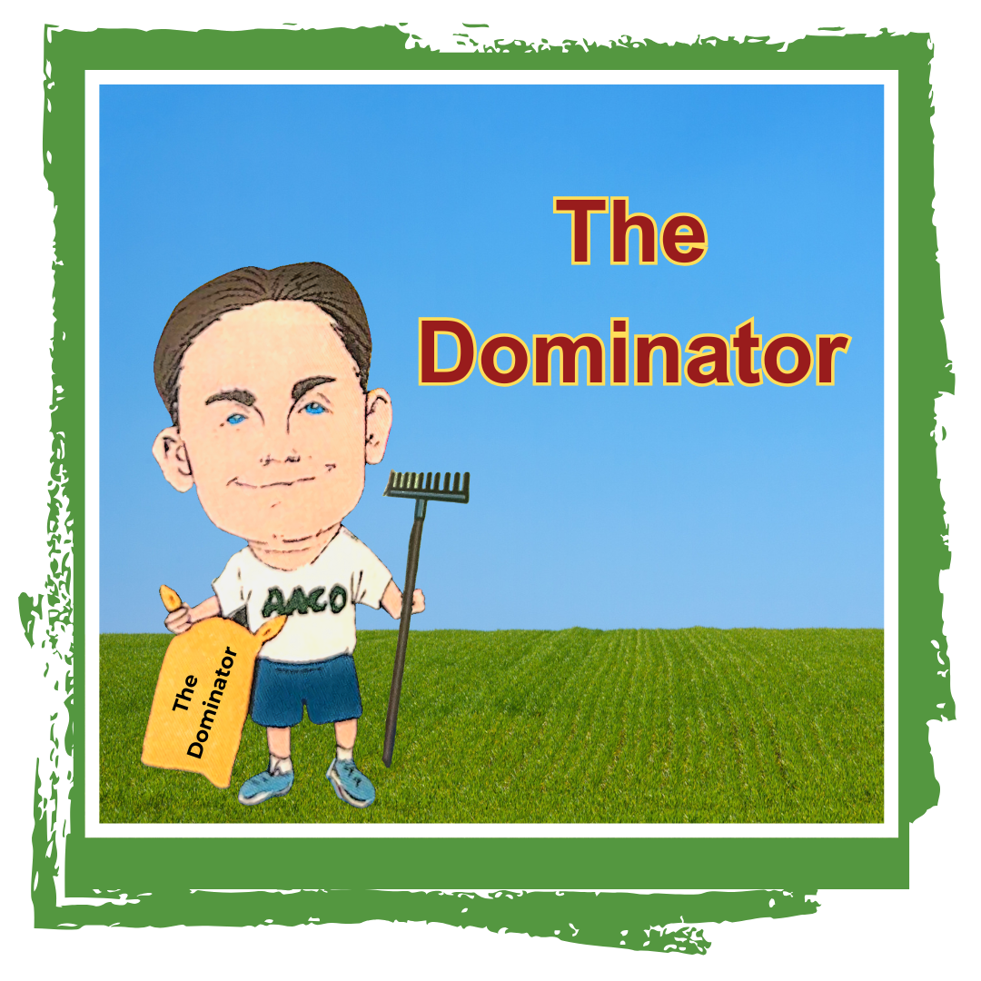Owner cory caricature holding rake and grass seed with the dominator text