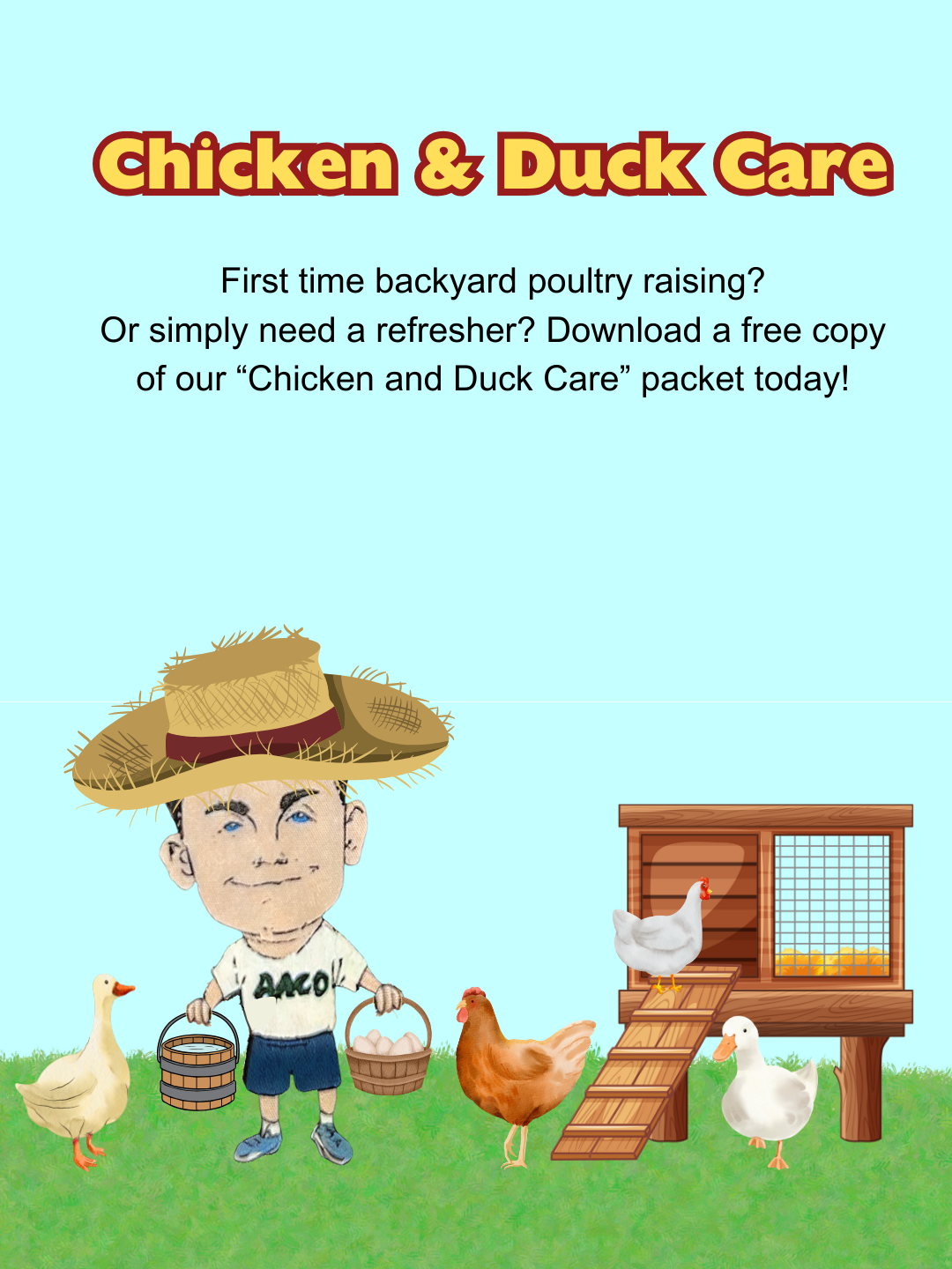 Promotional graphic - Cartoon of owner Cory as a farmer with chickens and ducks, text about free poultry care guide.