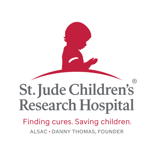 Logo for St. Jude Children's Research Hospital, featuring a red silhouette of a child, and text.