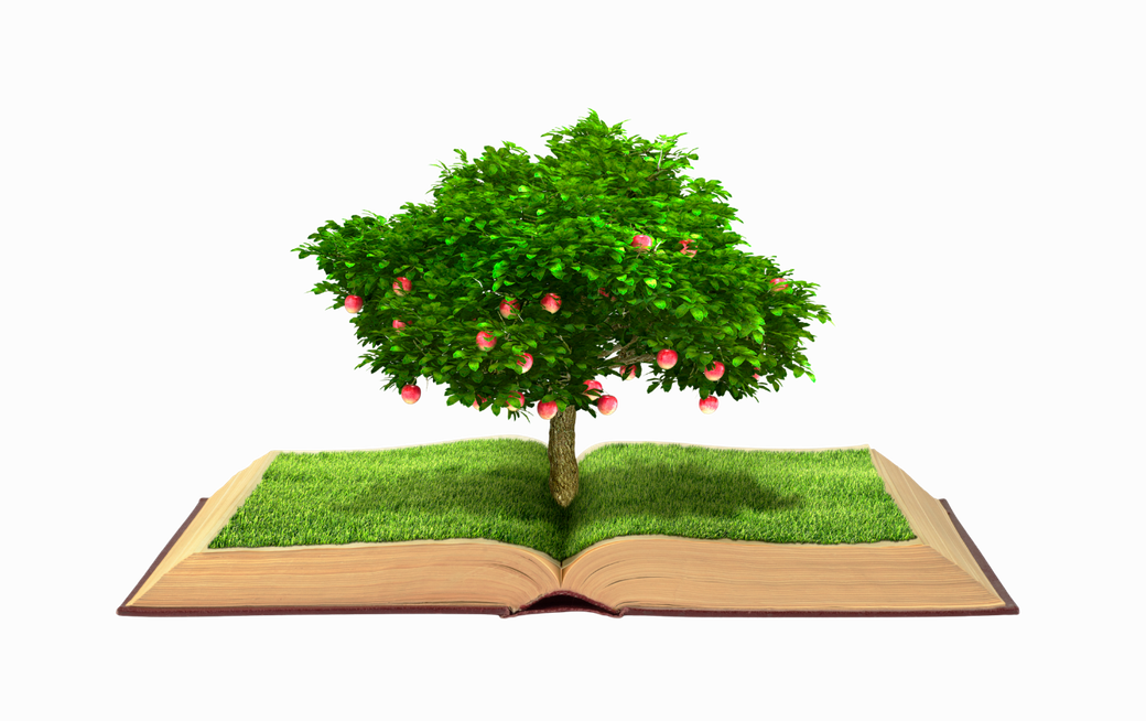 Open book with grass and a tree growing from it, apple tree with red fruit, white background.