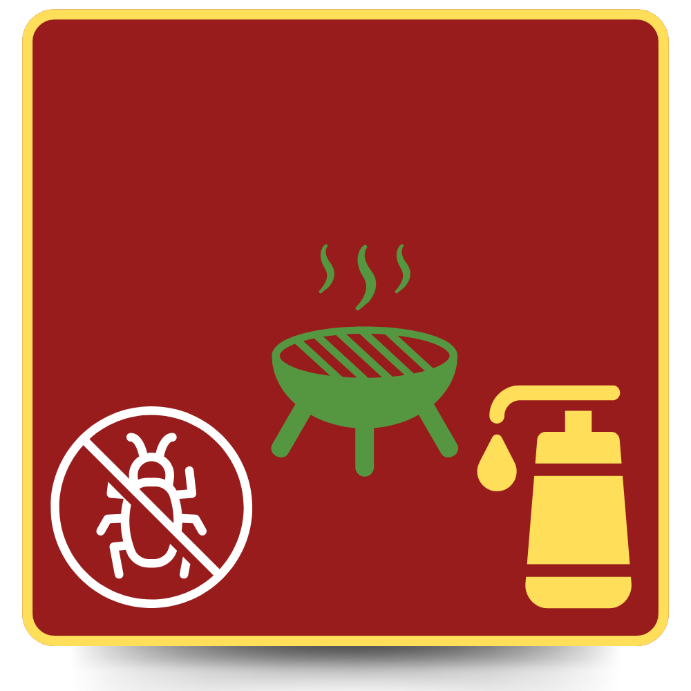 Red square with grill, hand sanitizer, and bug icon with a slash through it.