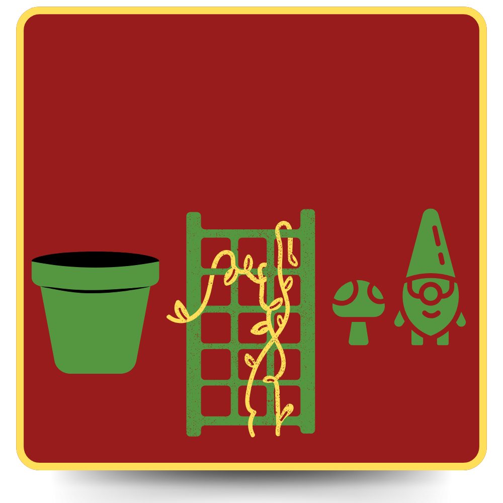 Green pot, trellis with vine, mushroom, gnome on a red background.
