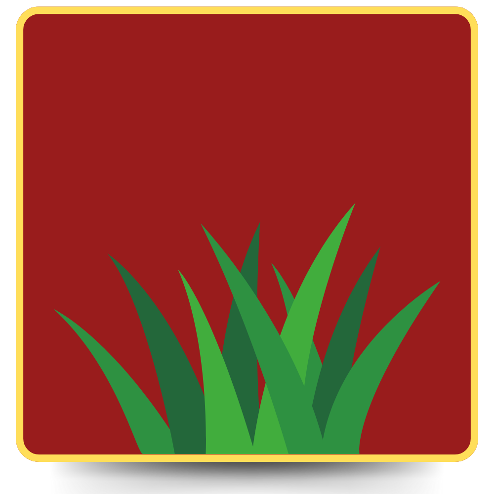 blades of grass icon on top of red background with yellow border