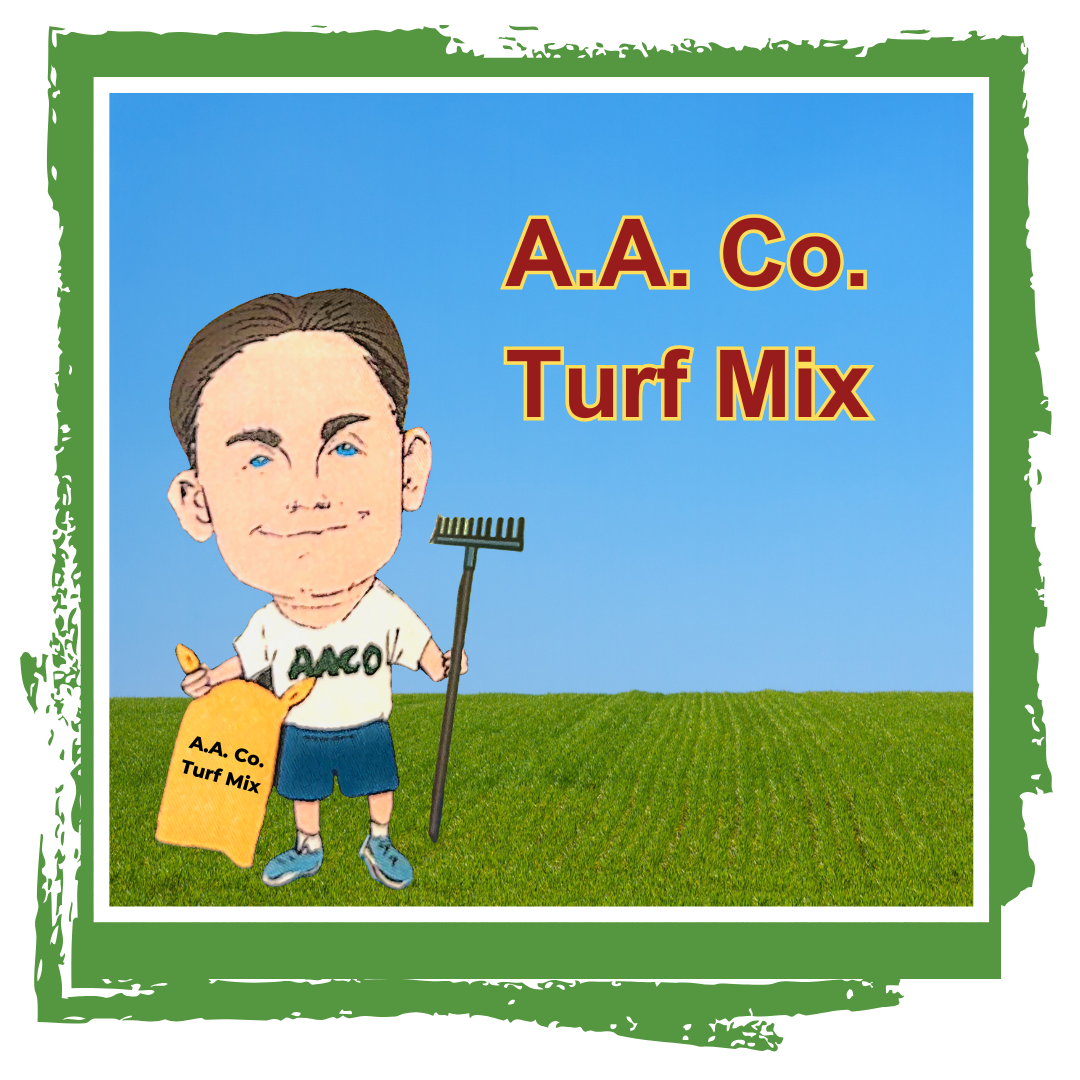owner cory caricature holding rake and grass seed with a.a. co. turf mix text