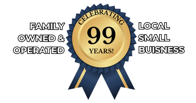 family owned and operated text graphic with ribbon celebrating 99 years in business