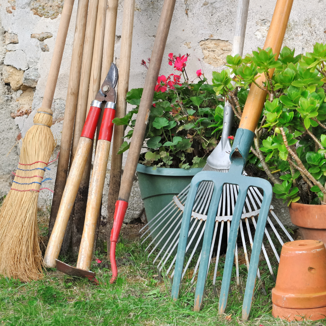 Garden tools, including brooms, rakes, shears, and trowel, are leaning against a stone wall near potted plants.