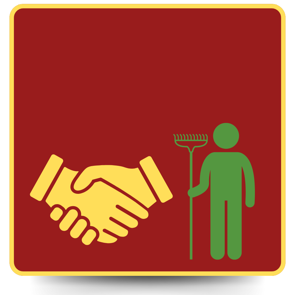 Yellow handshake and green figure holding a rake on a burgundy background.