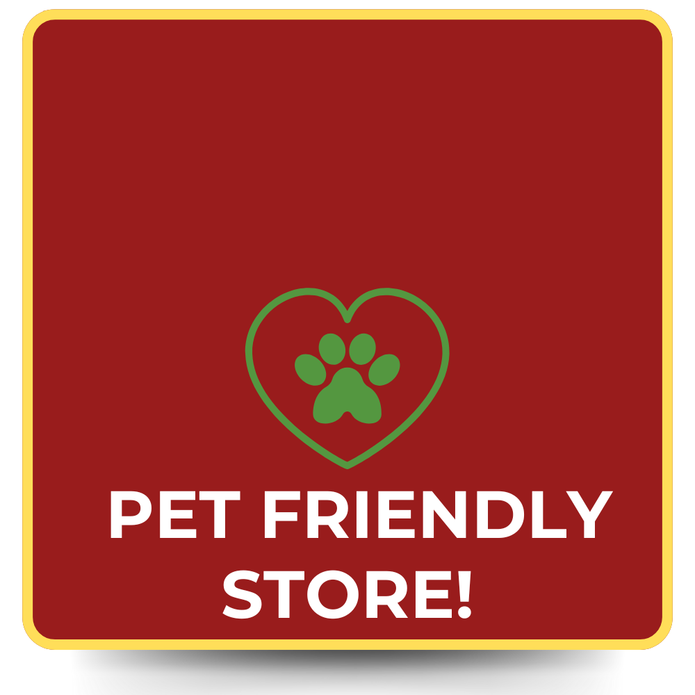 Red square with yellow border. Green heart with paw print inside, text 