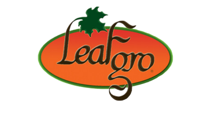 Leafgro logo with text inside orange oval: brown text