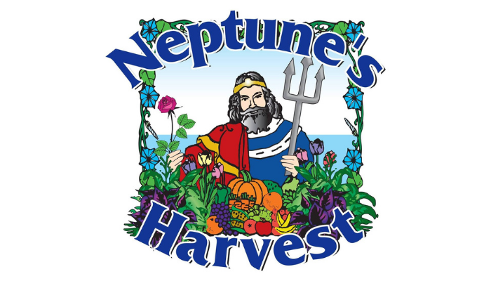 Neptune with trident and harvest produce, framed by vines and flowers;