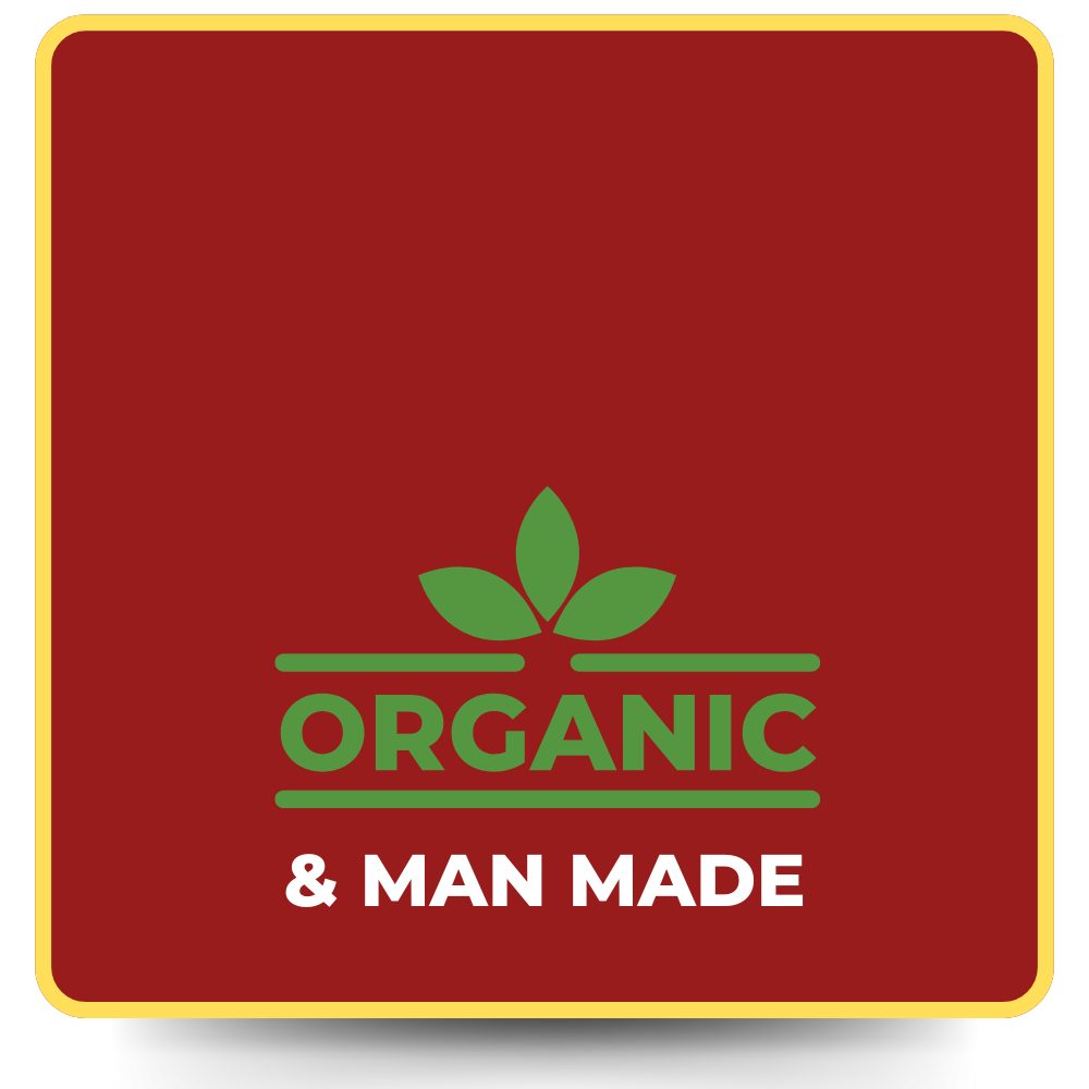 organic & man-made text in white on top of red background with yellow border