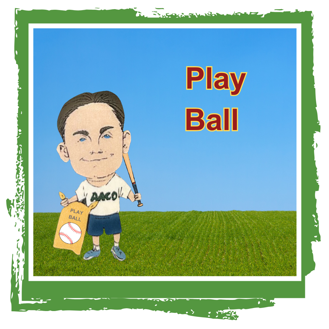 owner cory caricature holding rake and baseball seed with play ball text