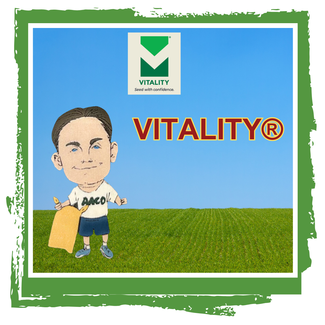 owner cory caricature holding rake and grass seed with vitality text