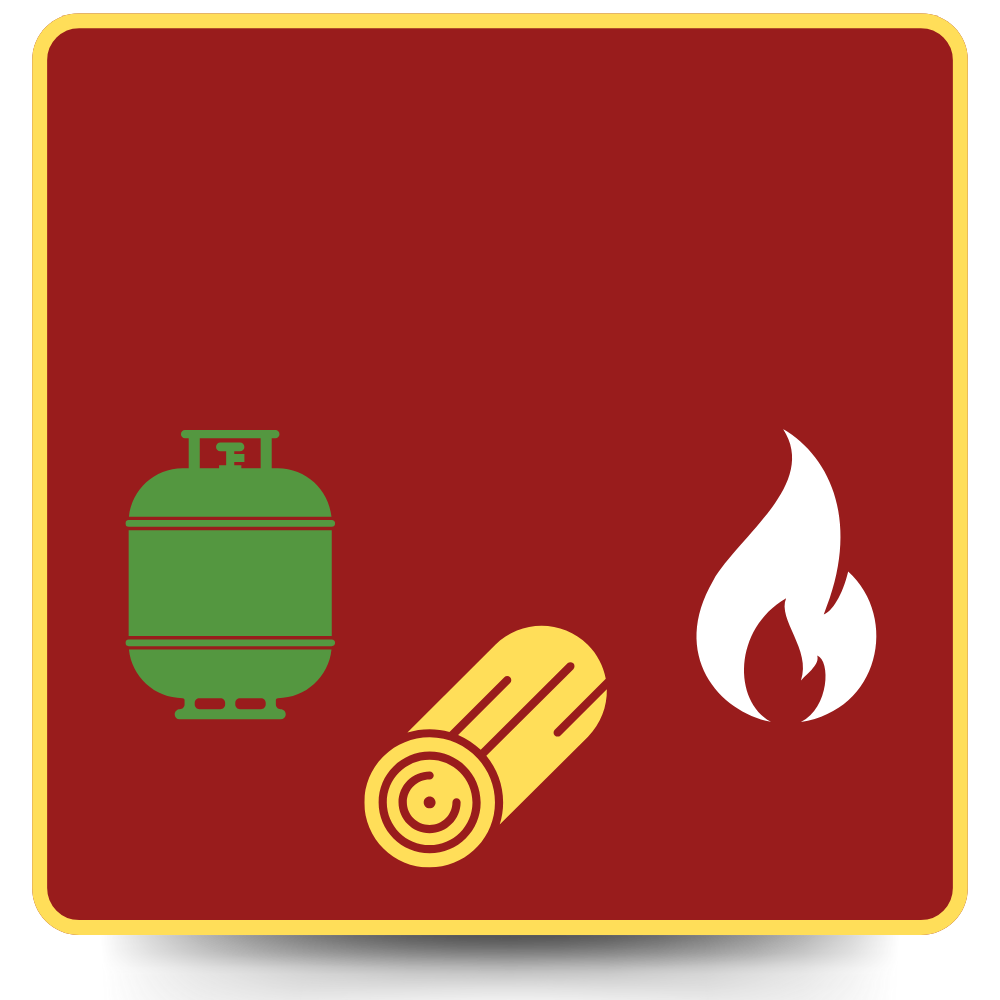 Green propane tank, yellow log, white flame on red background.