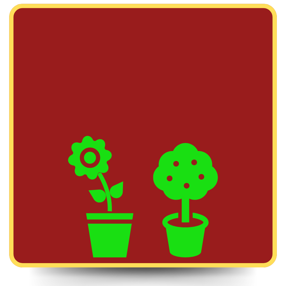 Two green potted plants: a flower and a tree, against a red square with a gold border.