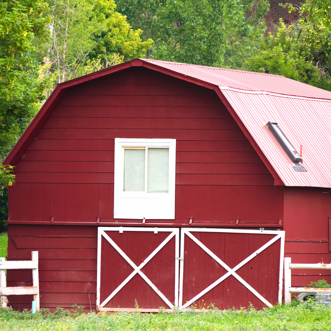 Red barn with white trim, doors, and window against a backdrop of green trees.