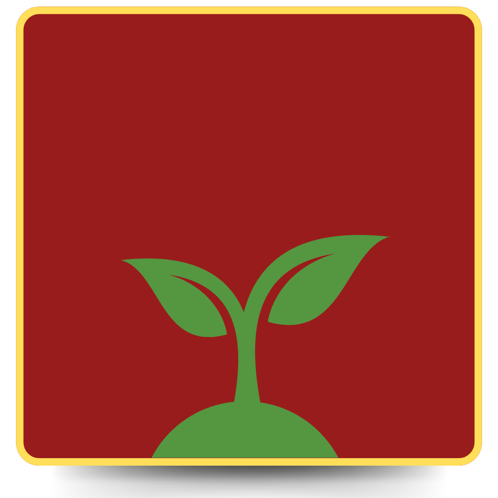 Green sprout growing from the ground, on a red background with a yellow border.