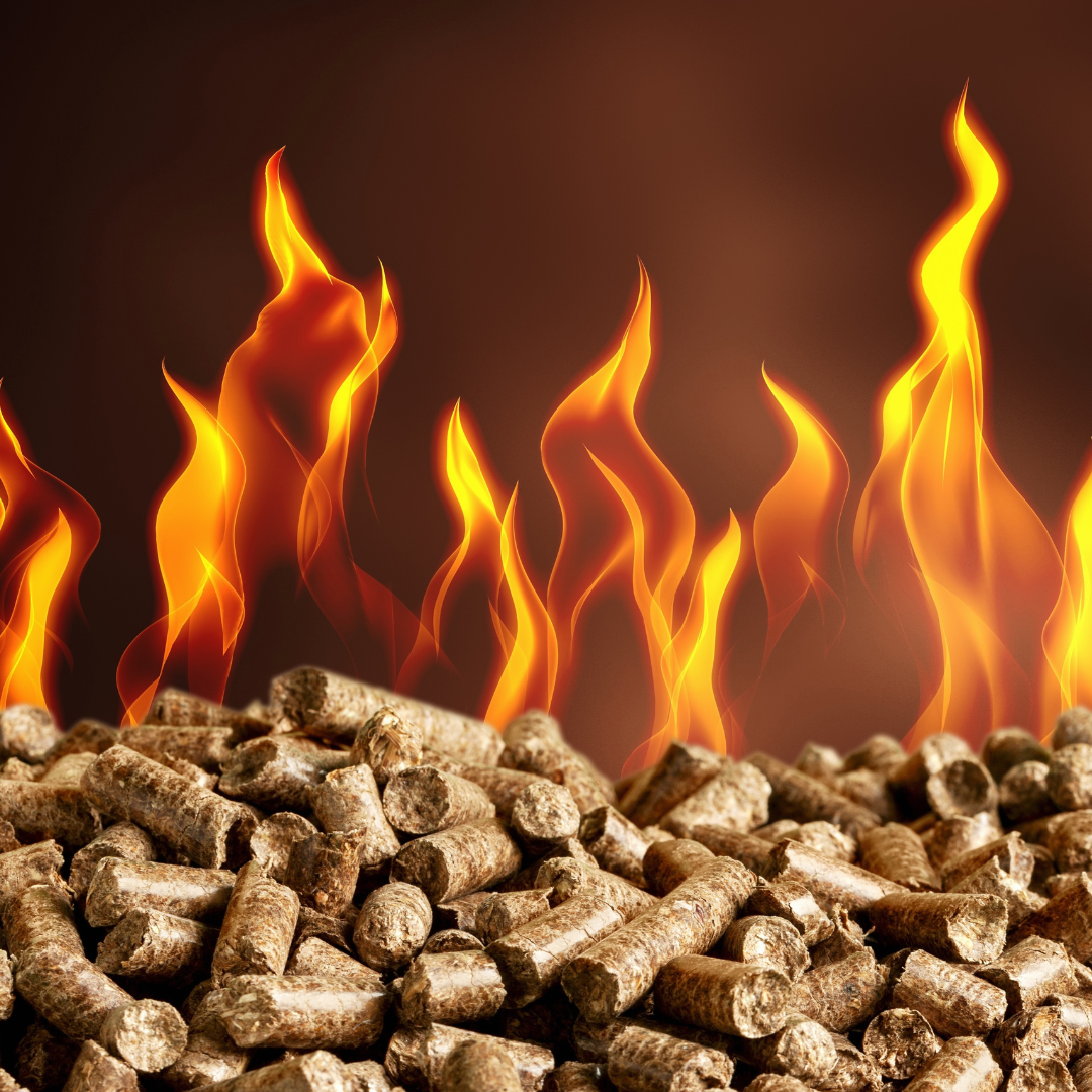 Pile of wood pellets with orange flames in the background.