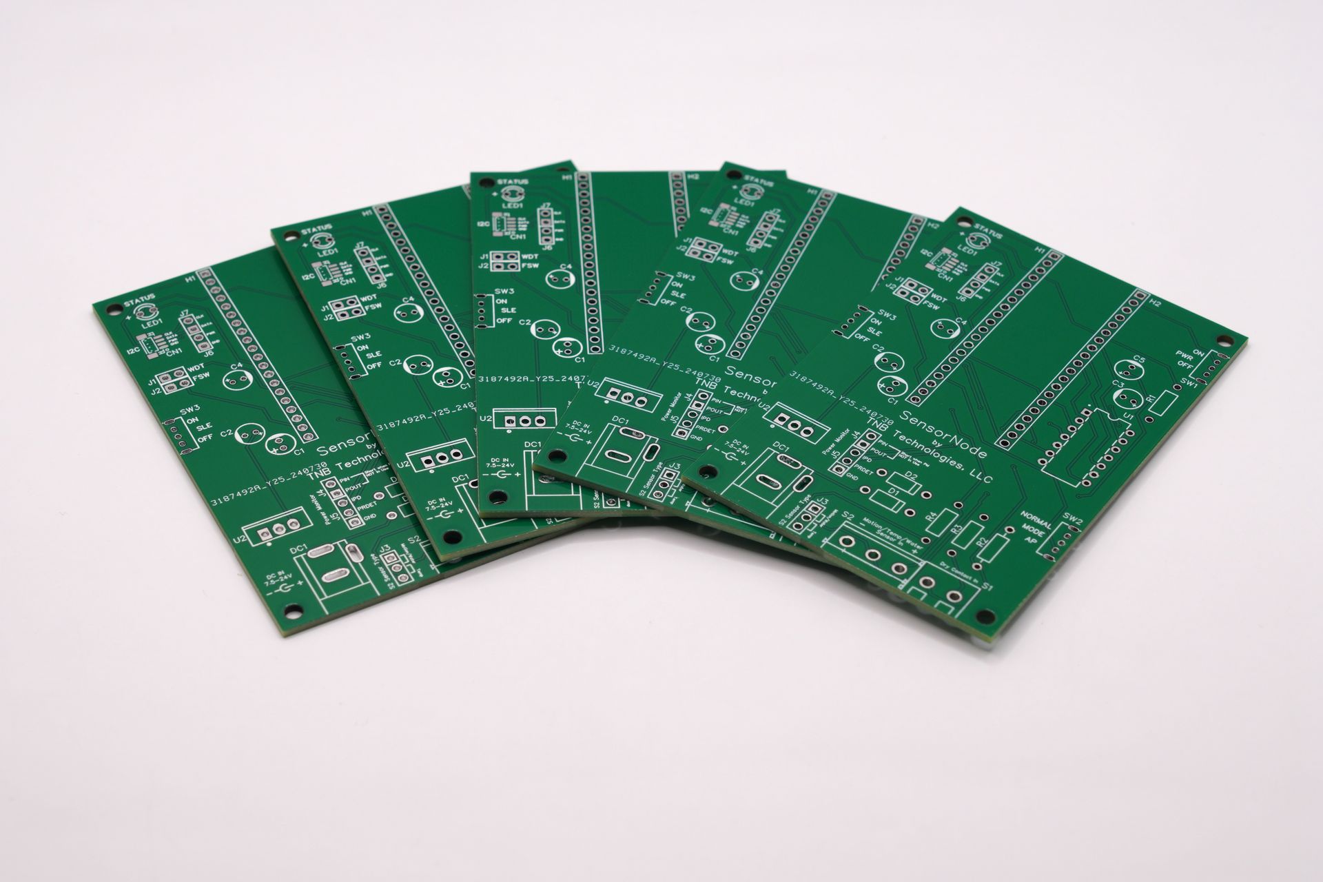 A set of 5 SensorNode bare boards