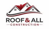 Roof & All Construction logo with stylized red-and-black house rooftops and bold text
