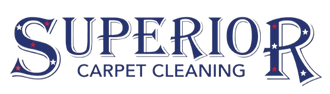 The logo for superior carpet cleaning is blue and white with stars and stripes.