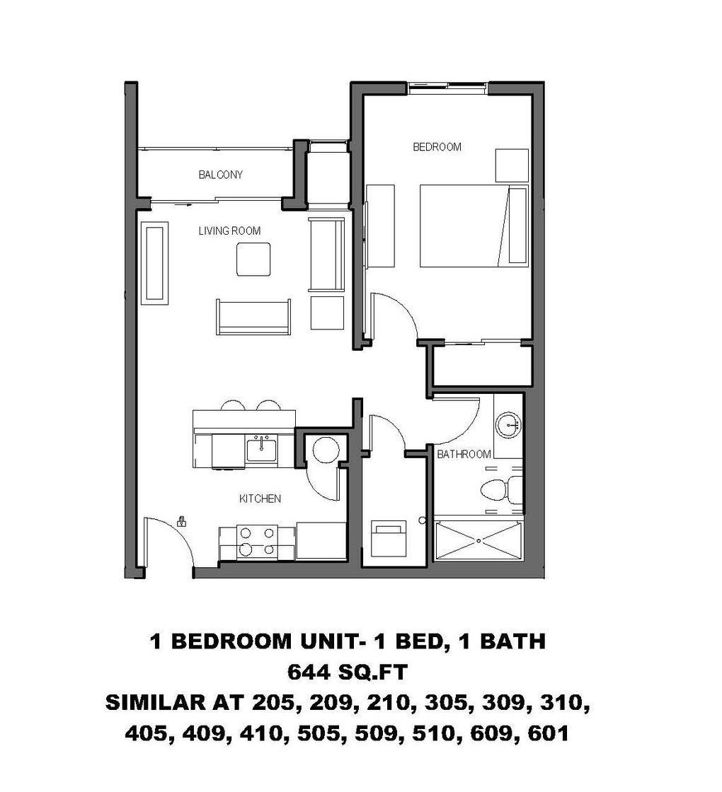 1 BEDROOM UNIT - 1 BED, 1 BATH 610 SO.FT