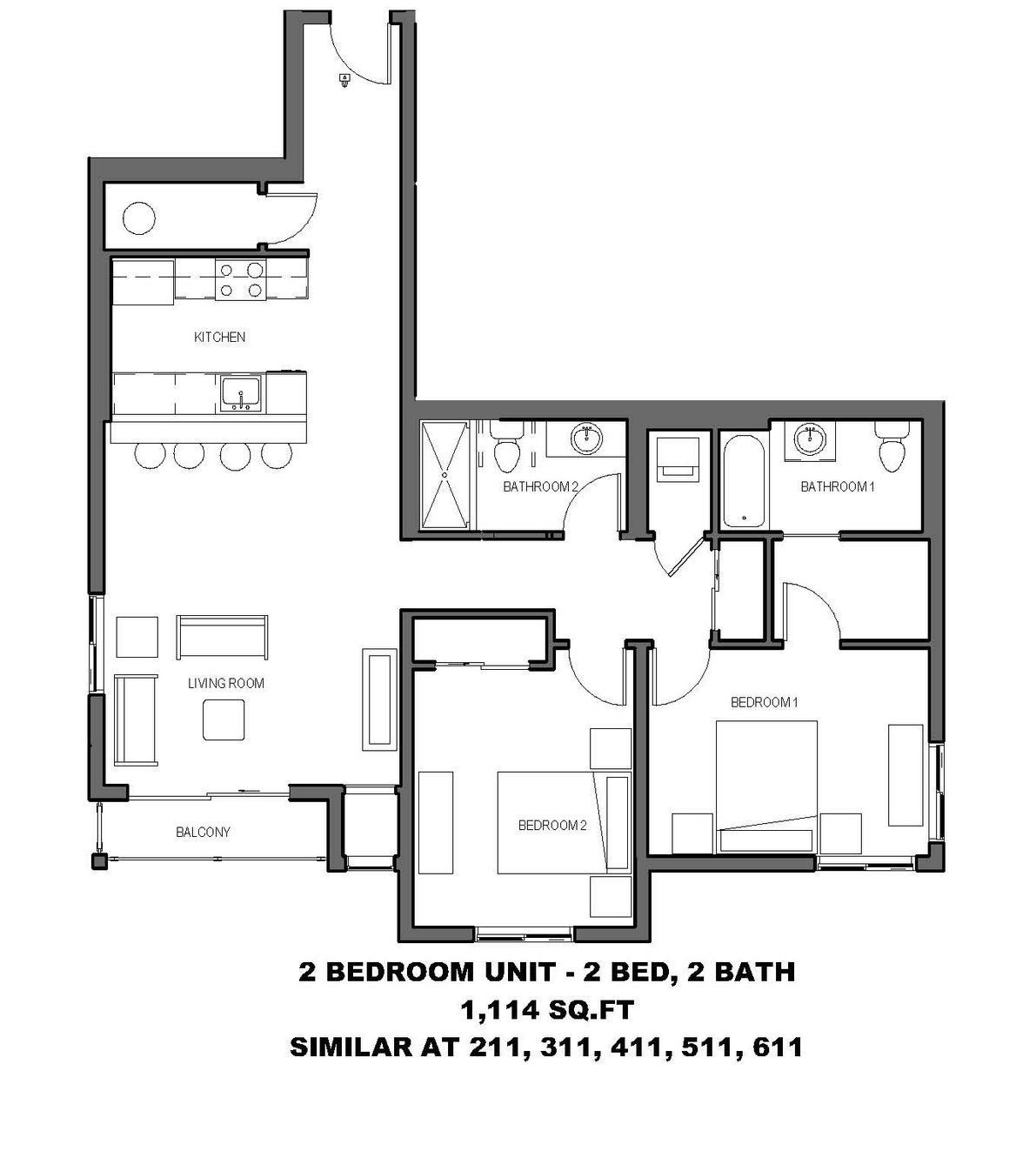 2 BEDROOM UNIT - 2 BED, 2 BATH 1,114 SQ.FT