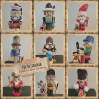 Nine nutcracker figures in a grid. Different designs, including Santa and soldier figures, made in West Germany.