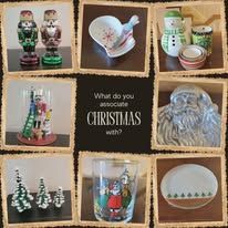 Christmas-themed collection: nutcrackers, teacup, snowman, Santa, ornaments, and dish, on a textured background.