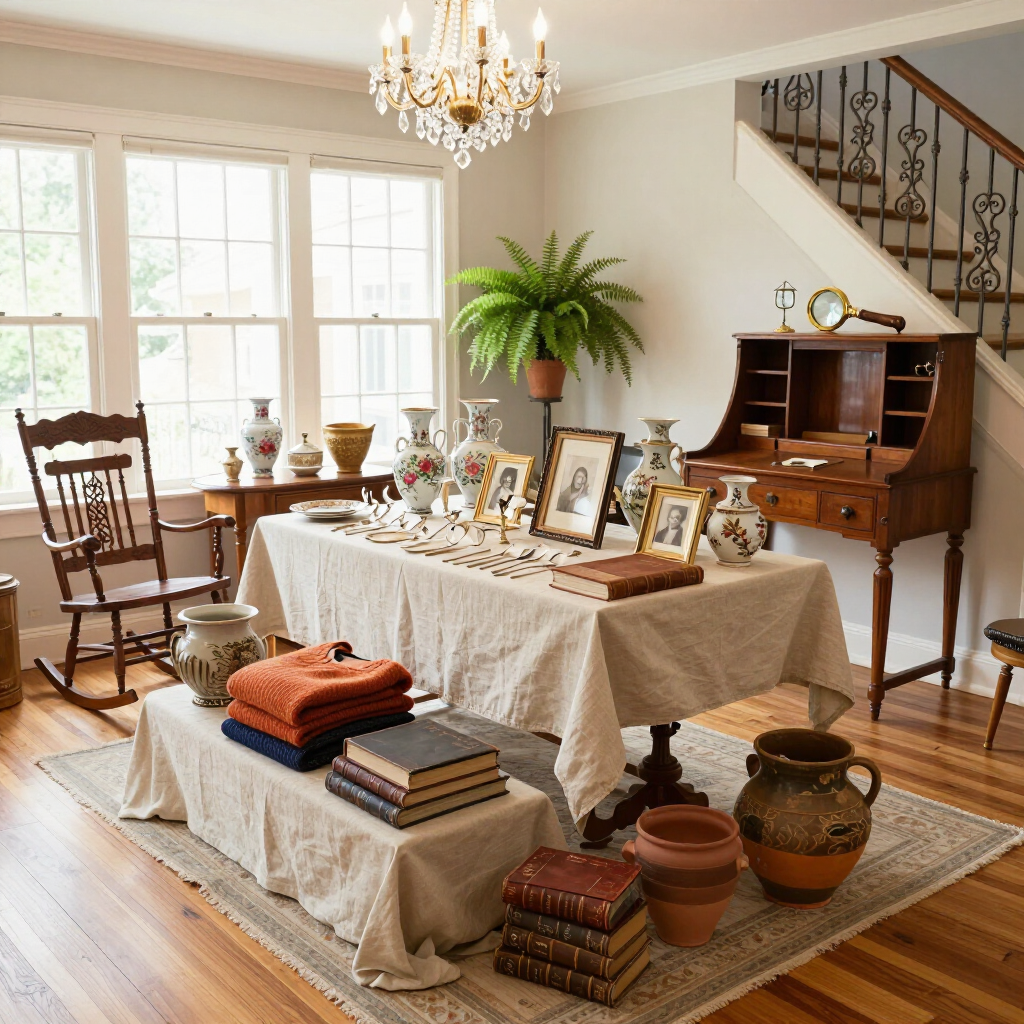 Antique display with various ornate bronze and brown objects, including vases and statues, on a red cloth.