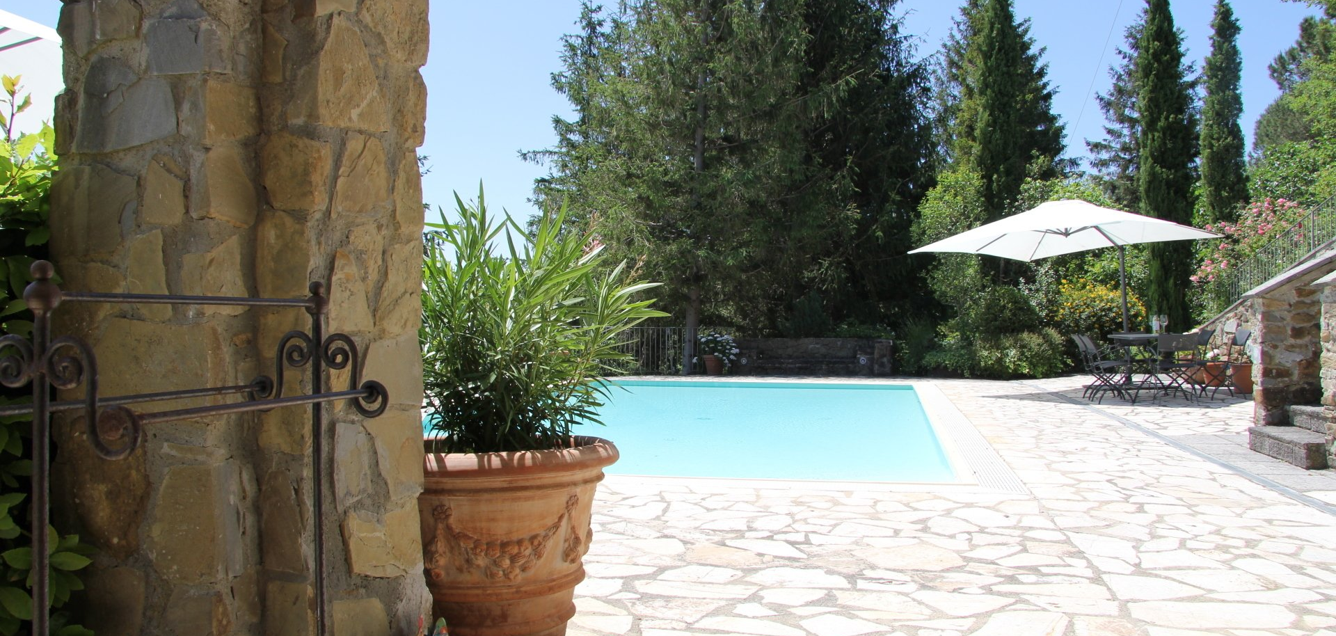 Zicht op het zwembad van onder de overkapping