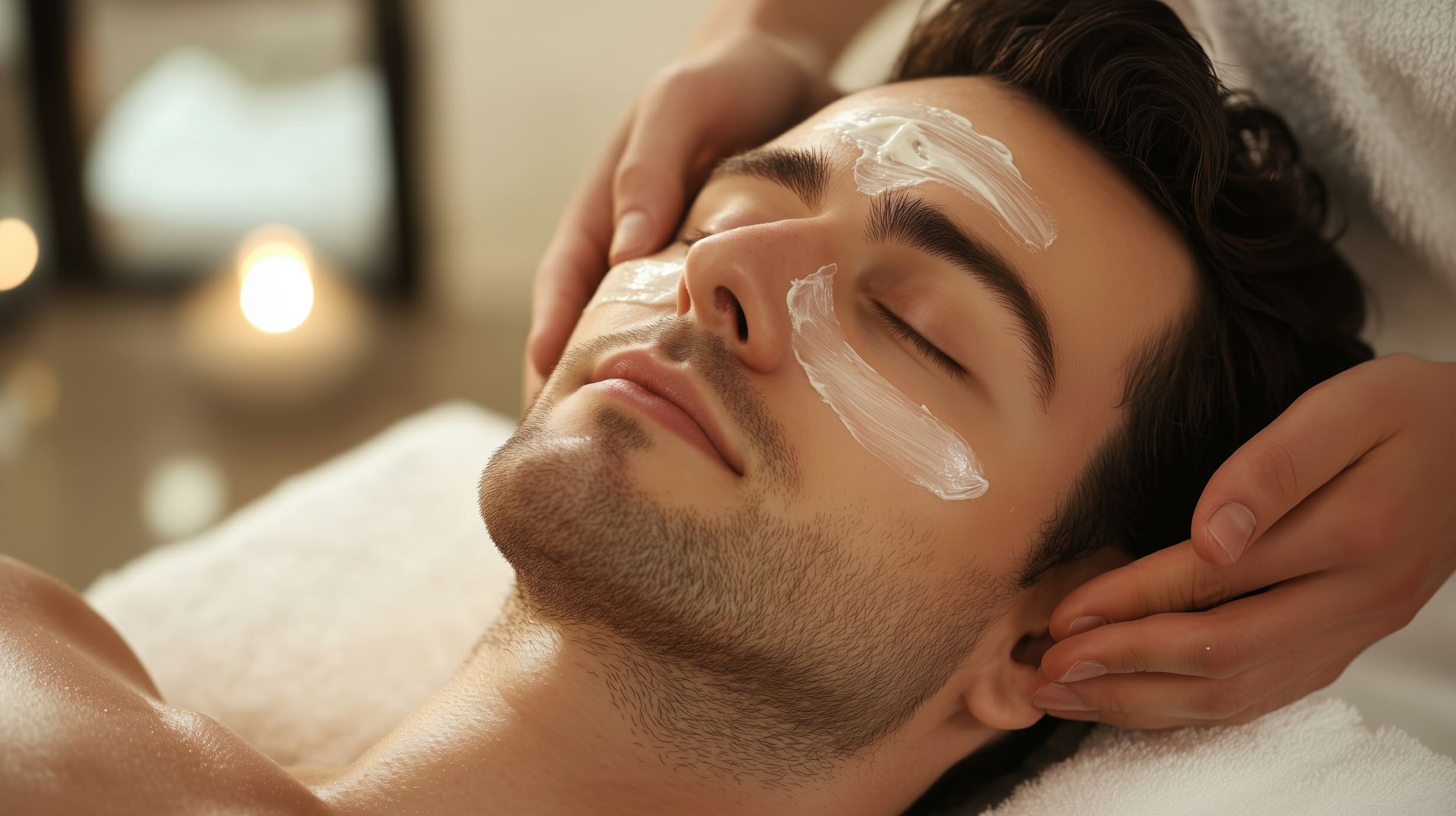 Man receiving facial with cream applied, eyes closed. Hands massaging face on a spa bed.