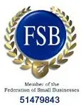 FSB logo with gold laurel wreath, “Member of the Federation of Small Businesses,” and number 51479843