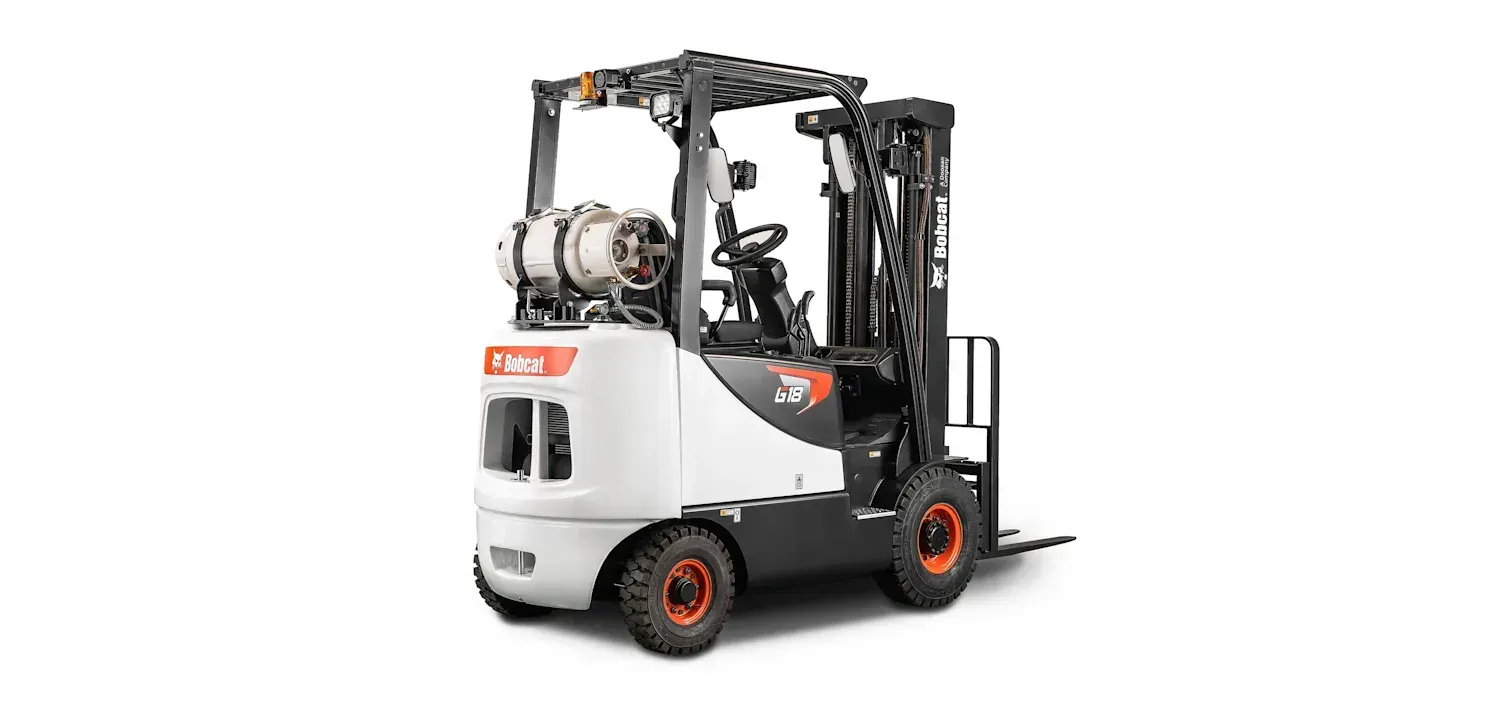 A black and orange forklift is sitting on a white background.